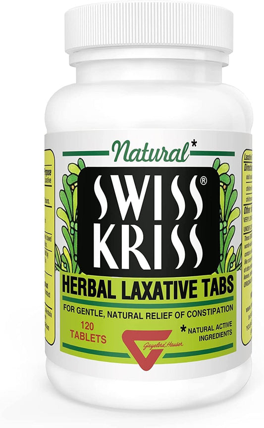 Swiss Kriss herbal laxative tablets bottle front view for natural constipation support.