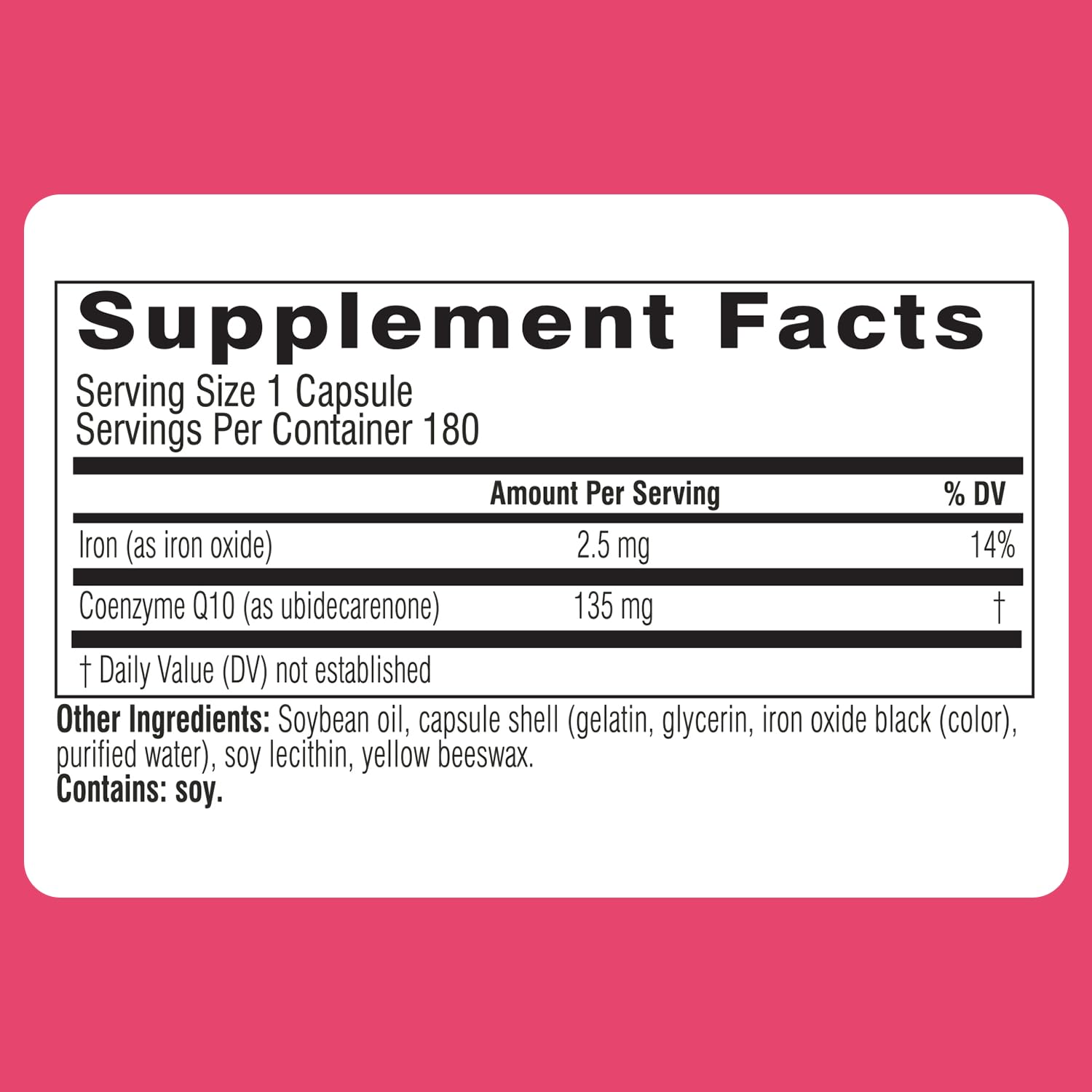 Label displaying 135mg CoQ10 dosage per softgel