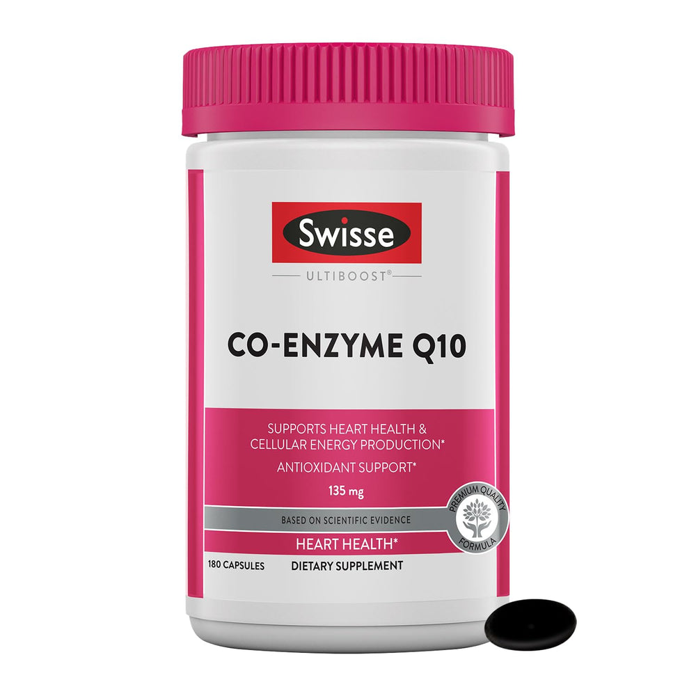 Swisse CoQ10 supplement bottle with 180 softgels