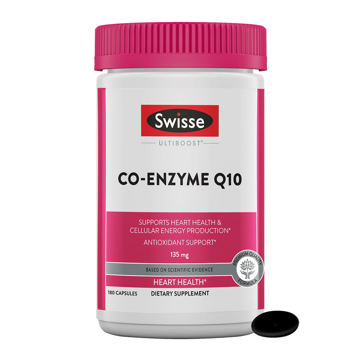 Swisse CoQ10 supplement bottle with 180 softgels