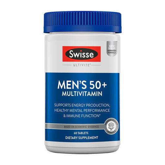 Swisse Daily Multivitamin for Men 50+ bottle featuring 60 tablets