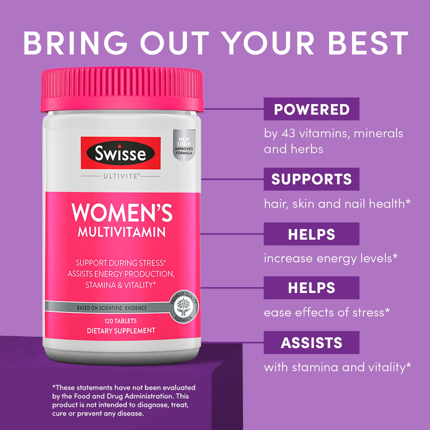 Supplement facts panel for Swisse Multivitamin for Women