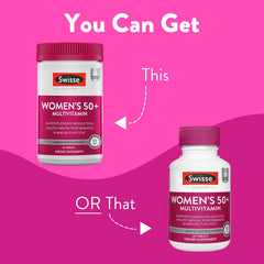 Packaging and 60-tablet bottle of Swisse Daily Multivitamin for Women 50+