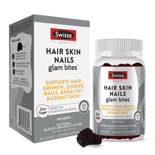 Swisse Glam Bites bottle and packaging with Biotin, Bamboo & Blood Orange