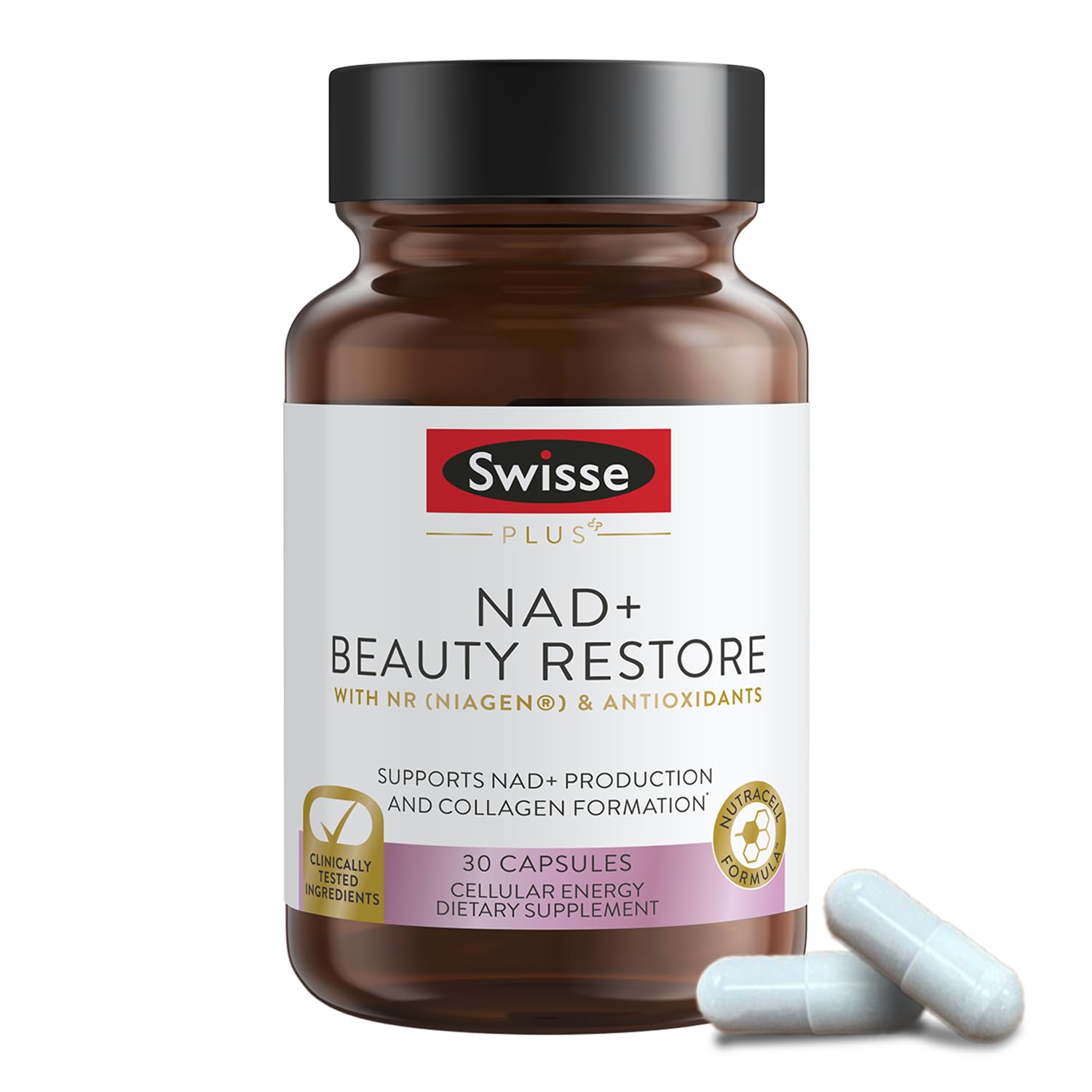 Swisse Plus NAD+ Beauty Restore bottle with capsules