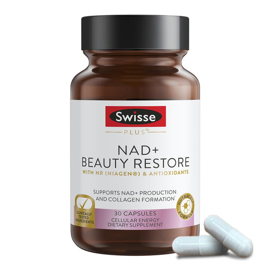 Swisse Plus NAD+ Beauty Restore bottle with capsules