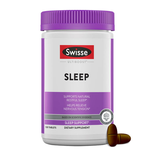 Bottle of Swisse Sleep Valerian Root Capsules on a wooden surface