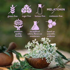 Illustration of valerian root, hops, licorice, and magnesium ingredients