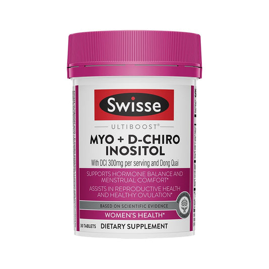 Product bottle of Swisse Ultiboost Myo-Inositol & D-Chiro Inositol with 30 tablets