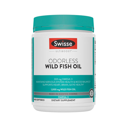 Swisse Wild Fish Oil 1000mg Odorless Softgels bottle with label