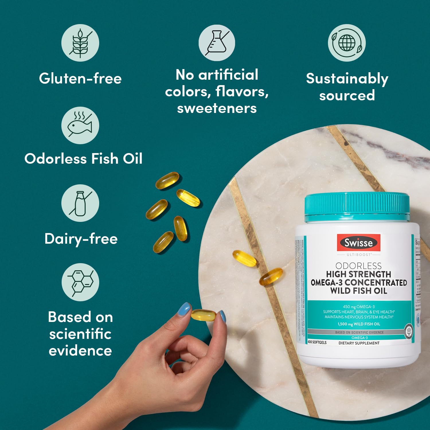 Swisse Wild Fish Oil bottle with daily dosing scene.