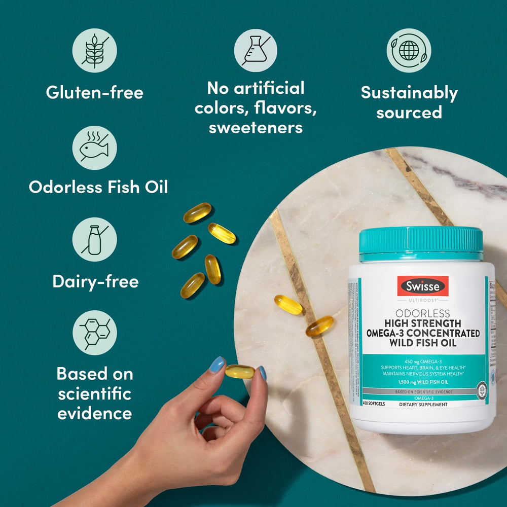 Swisse Wild Fish Oil bottle with daily dosing scene.