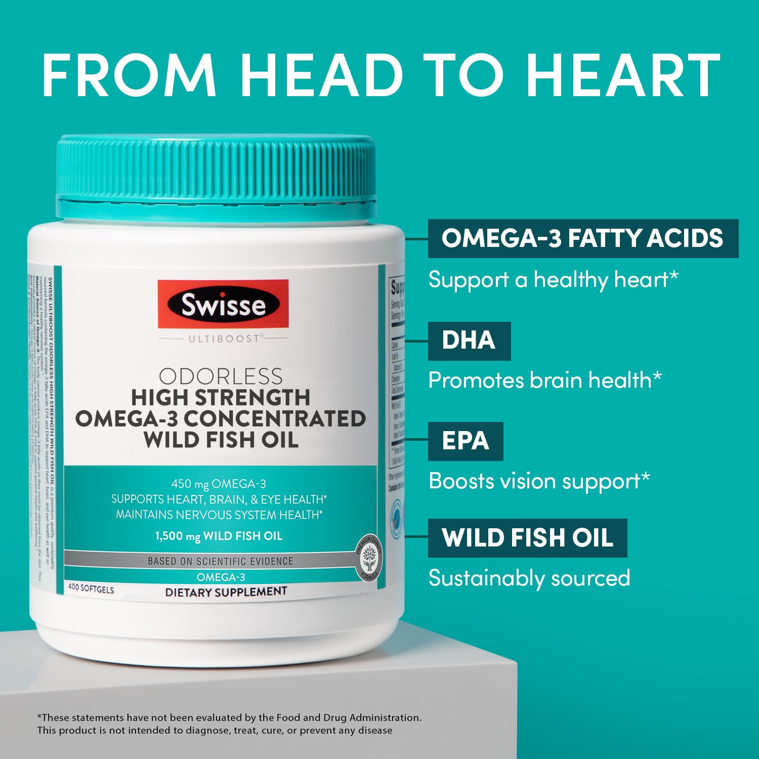 Swisse Wild Fish Oil label highlighting omega-3 content and sustainability.