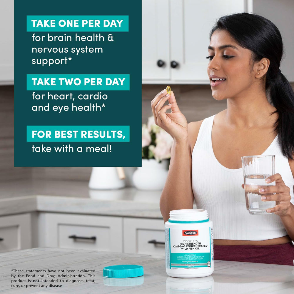 Swisse Wild Fish Oil bottle indicating a six-month supply.