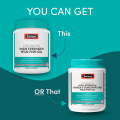 Close-up of Swisse Wild Fish Oil softgels, odorless capsules.