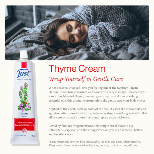 Close-up of SwissJust Thyme Cream 96g label