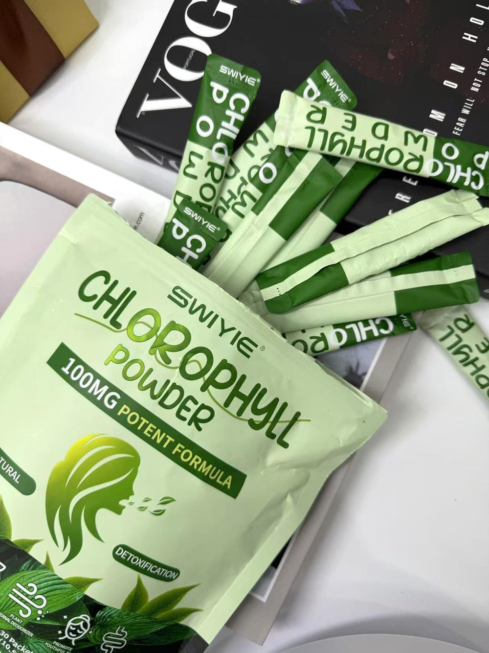 Chlorophyll powder on a green background