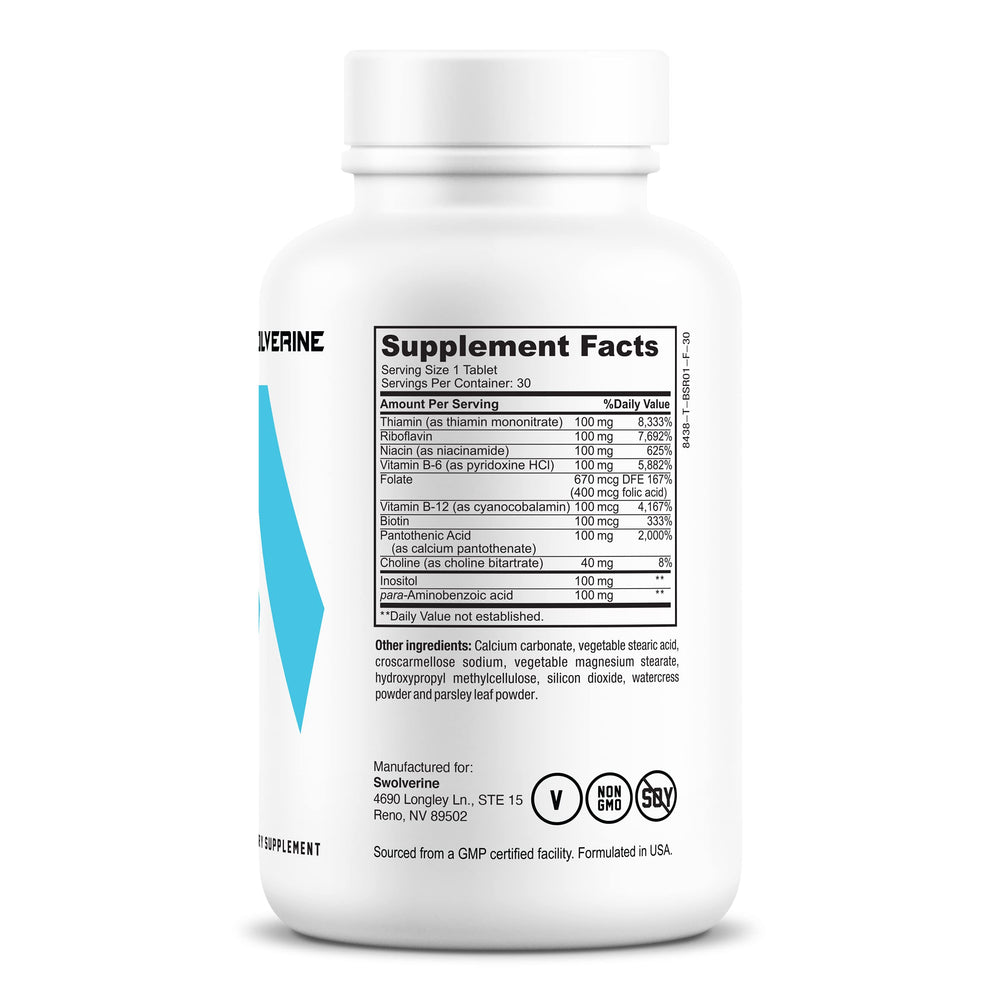 Close-up of Swolverine B-Vitamin Complex bottle showing label details