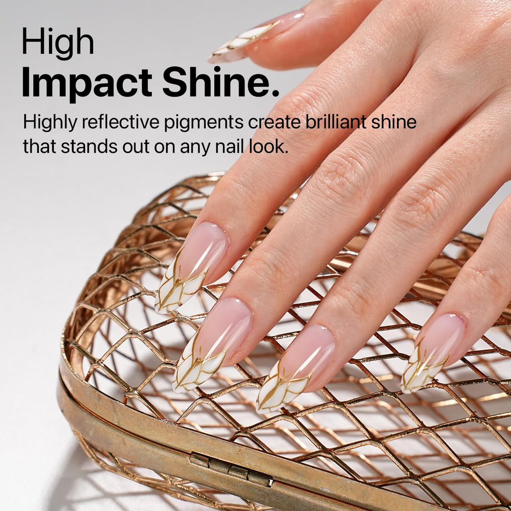 Gold shade used to create French tip design on nails.