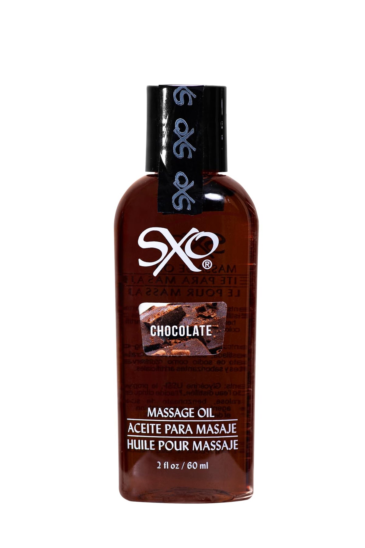 SXO edible massage oil bottle, 2 oz, chocolate flavor