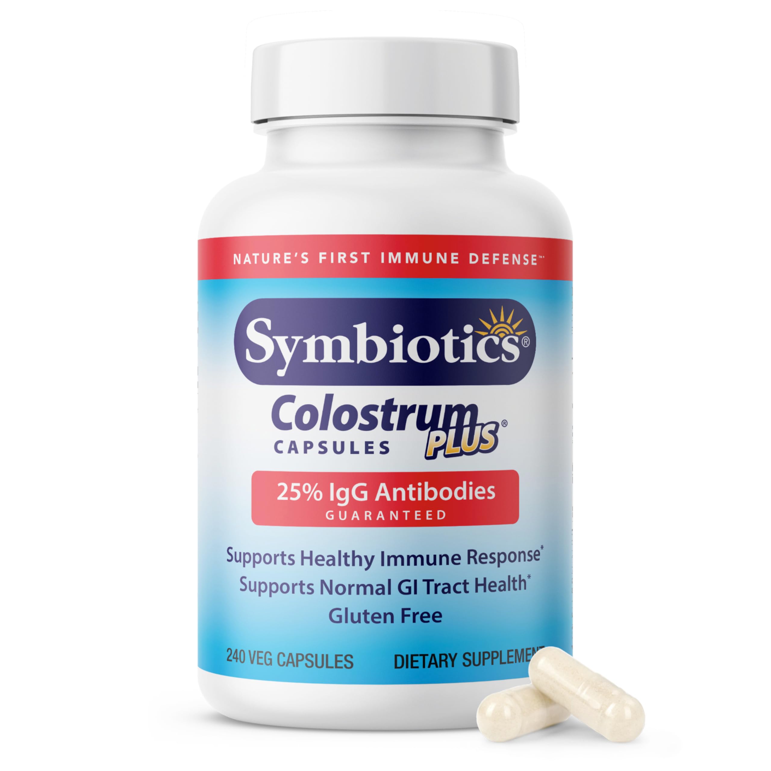 Bottle of Symbiotics Colostrum 240ct vegetable capsules with product label
