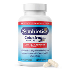 Bottle of Symbiotics Colostrum 240ct vegetable capsules with product label