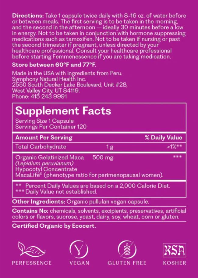 Symphony Natural Health Femmenessence MacaLife ingredients list highlights organic quality