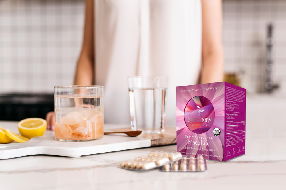 Femmenessence MacaLife pills close-up showing natural capsules for hormone balance support