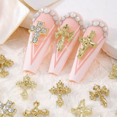 Symphonyw vanity mirror with gold cross nail decor detail.