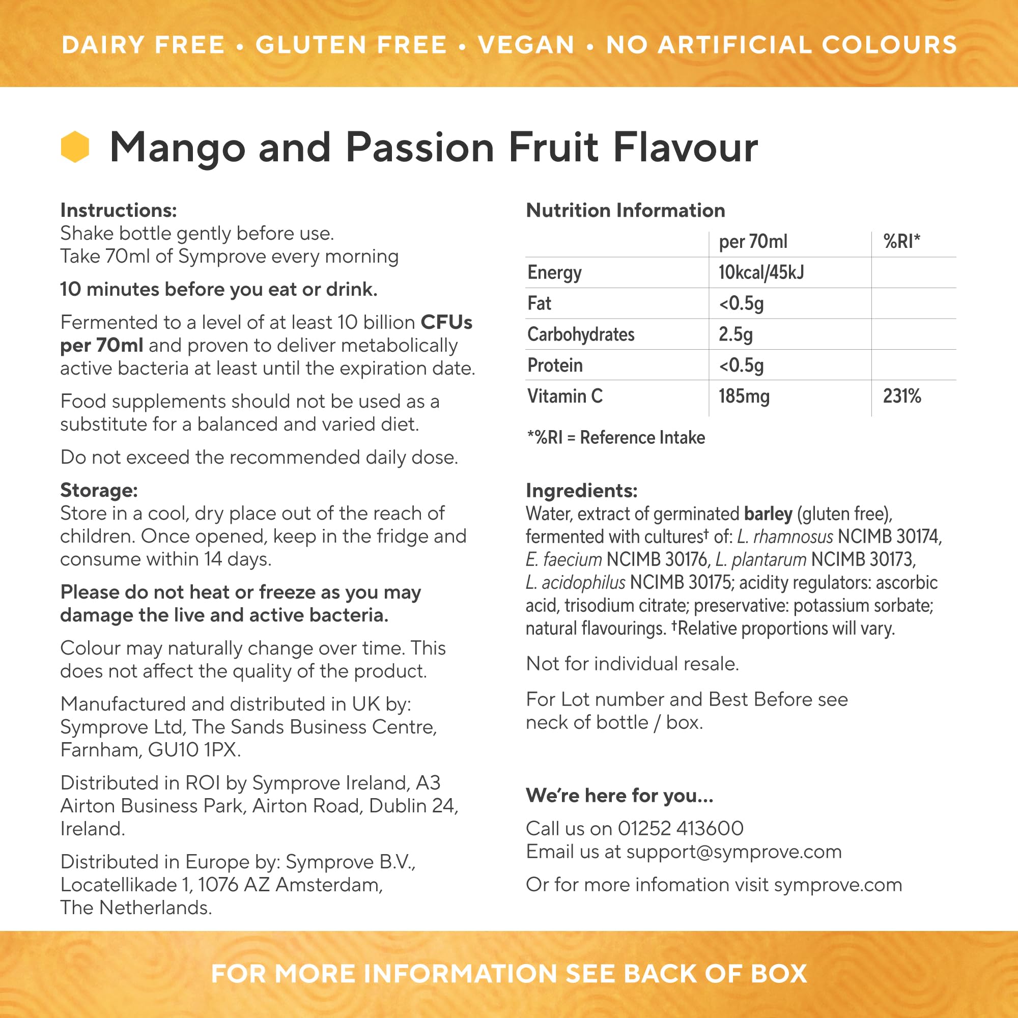 Glass of Symprove Mango and Passionfruit probiotic drink