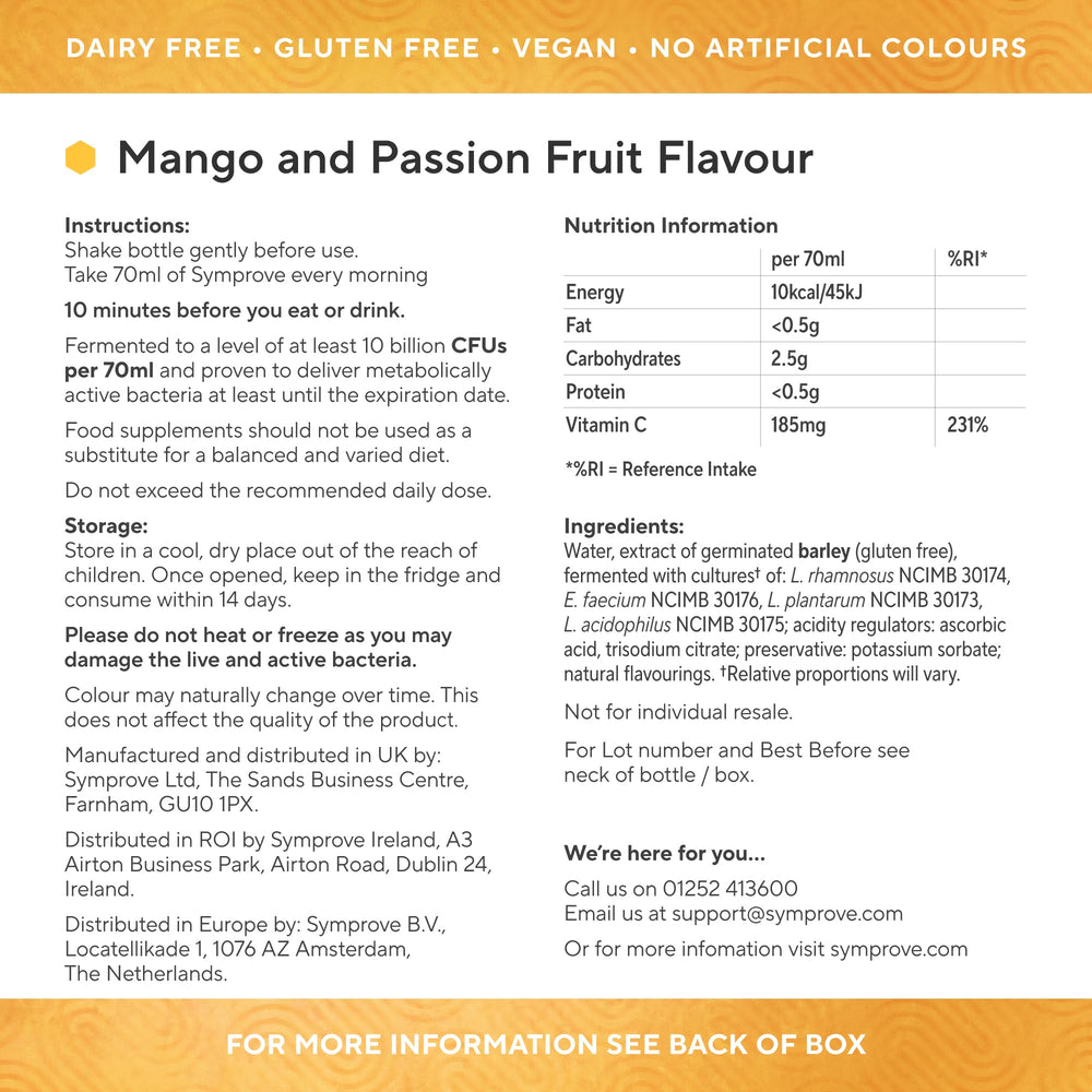 Glass of Symprove Mango and Passionfruit probiotic drink