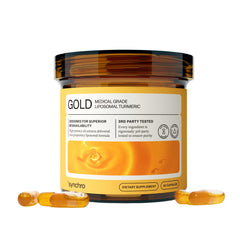 Synchro Gold liposomal turmeric bottle, premium absorption focus.