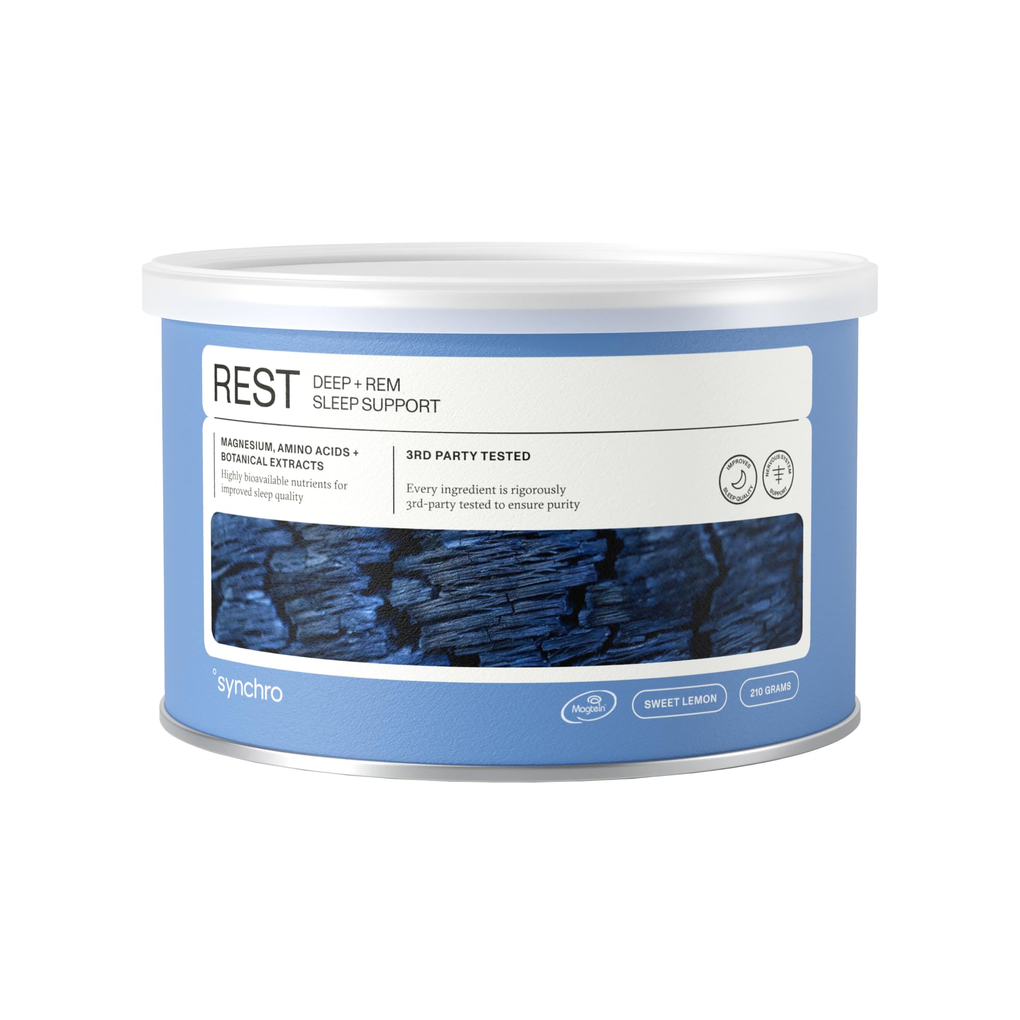 Close-up of Synchro Rest Sleep powder with lemon flavor
