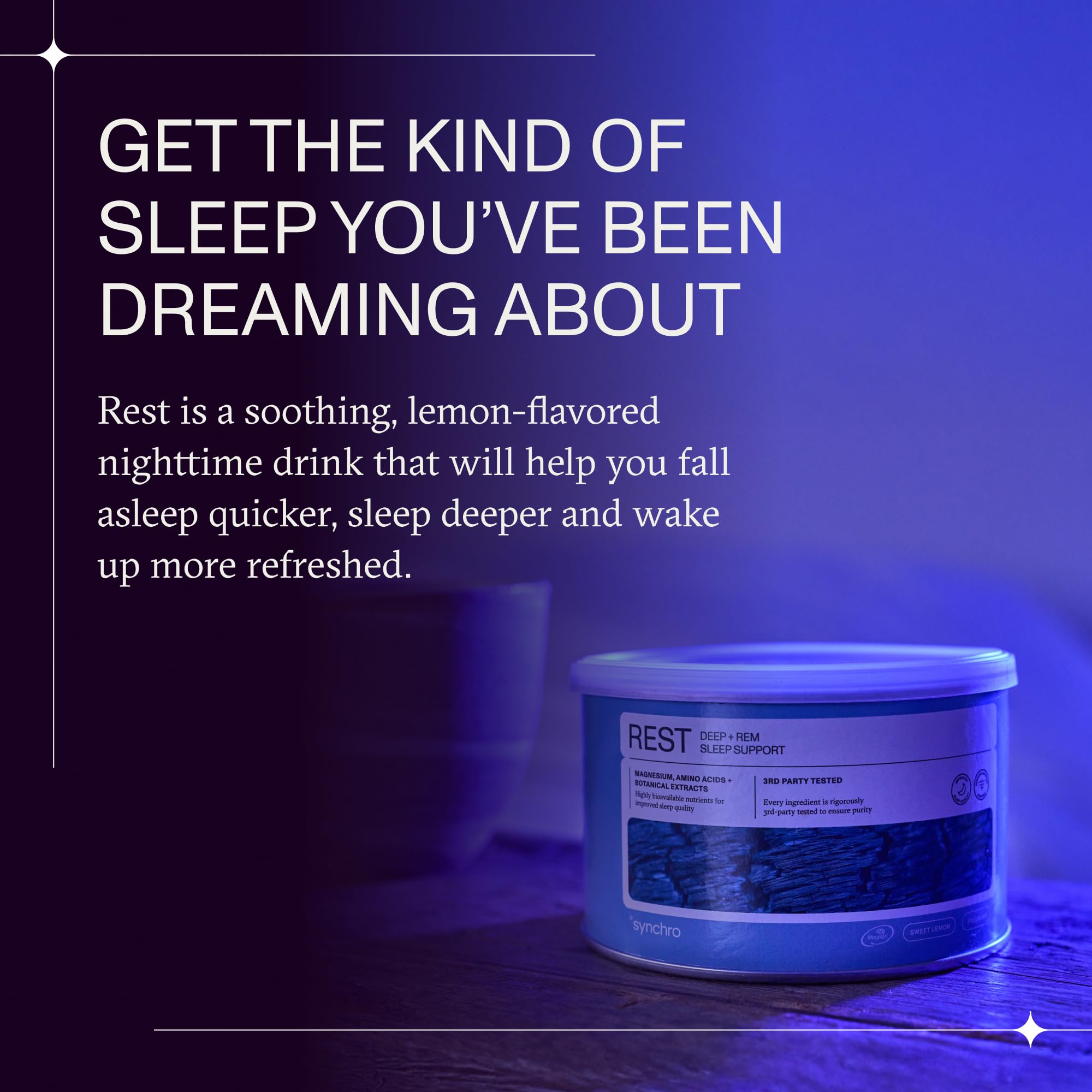 Prepared glass of warm water with Synchro Rest Sleep lemon powder