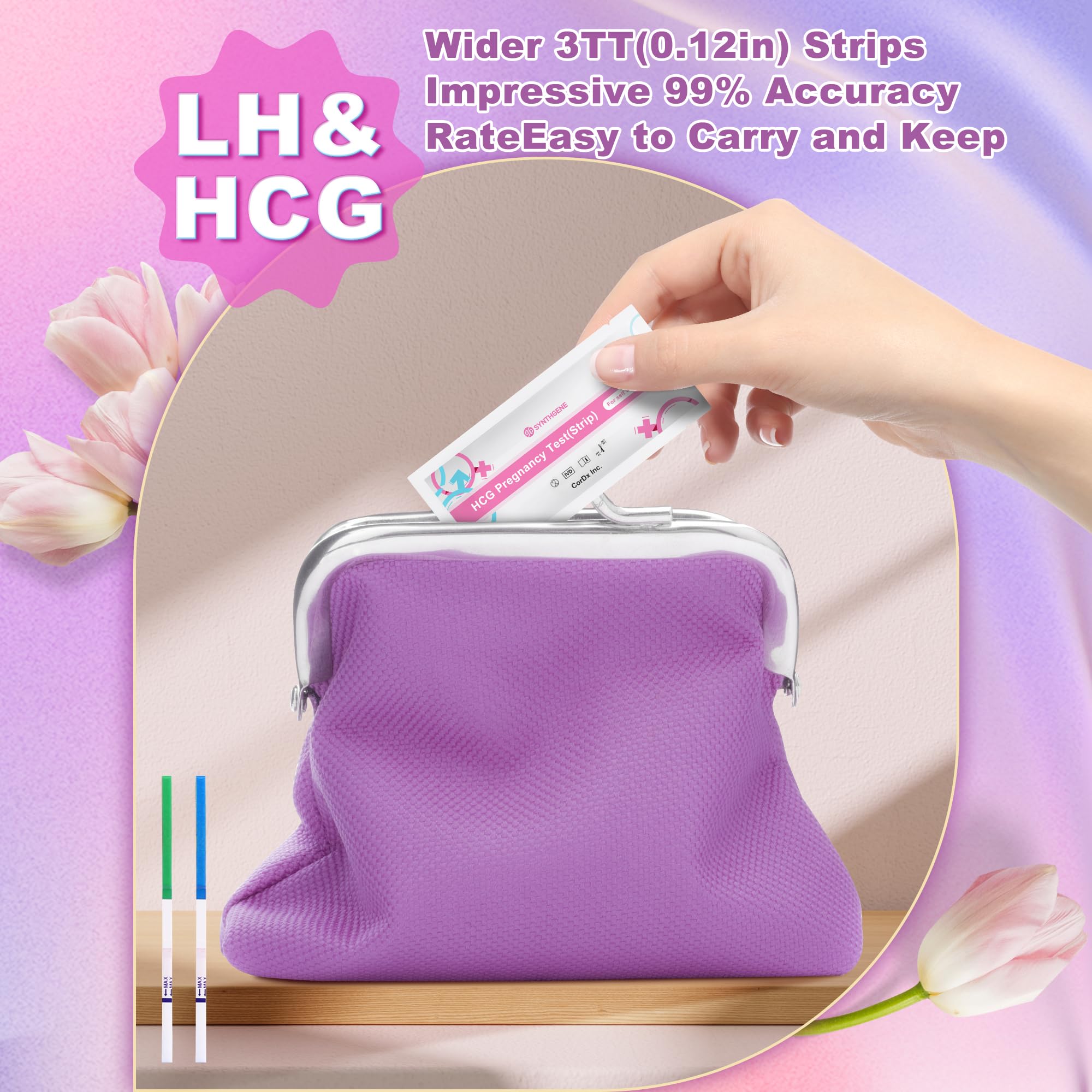 Close-up of HCG pregnancy test strips showing 10 tests