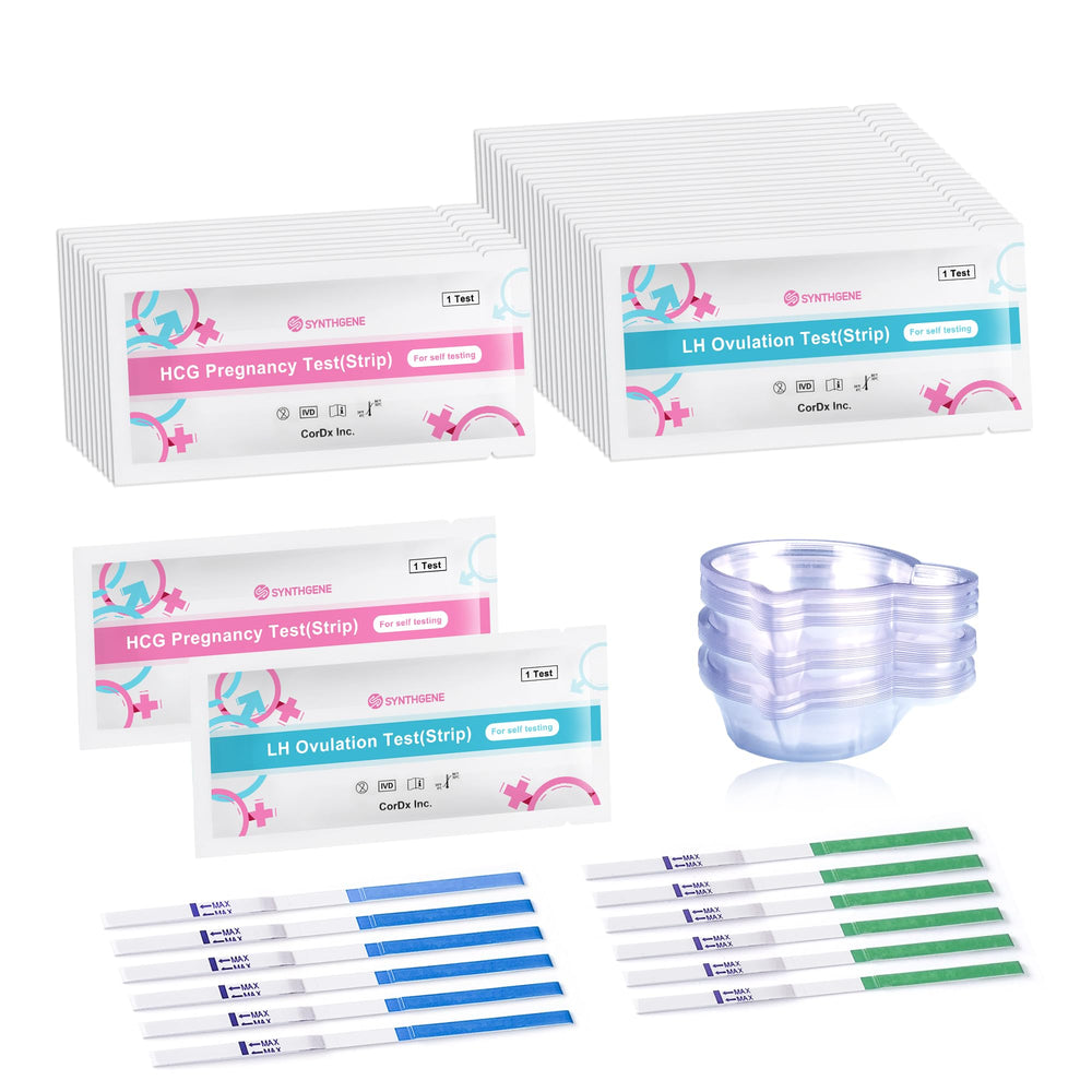 SYNTHGENE fertility kit with 40 LH ovulation strips, 15 pregnancy tests and 55 urine cups