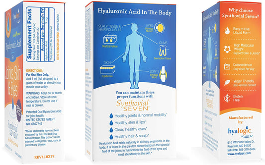 Bottle label for Synthovial Seven oral hyaluronic acid supplement 1oz
