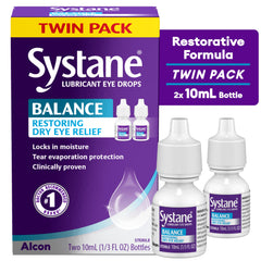 Systane Balance twin-pack front displays restorative formula and extended use