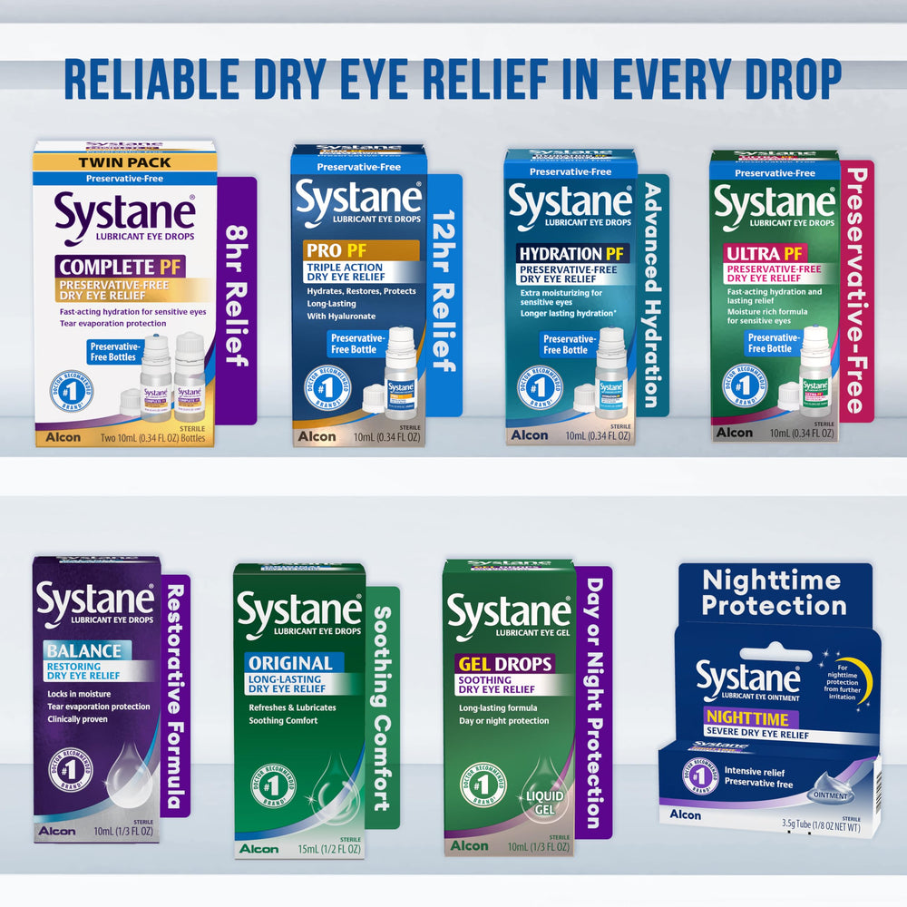 Systane Complete PF bottle label highlights eight hours of relief potential.