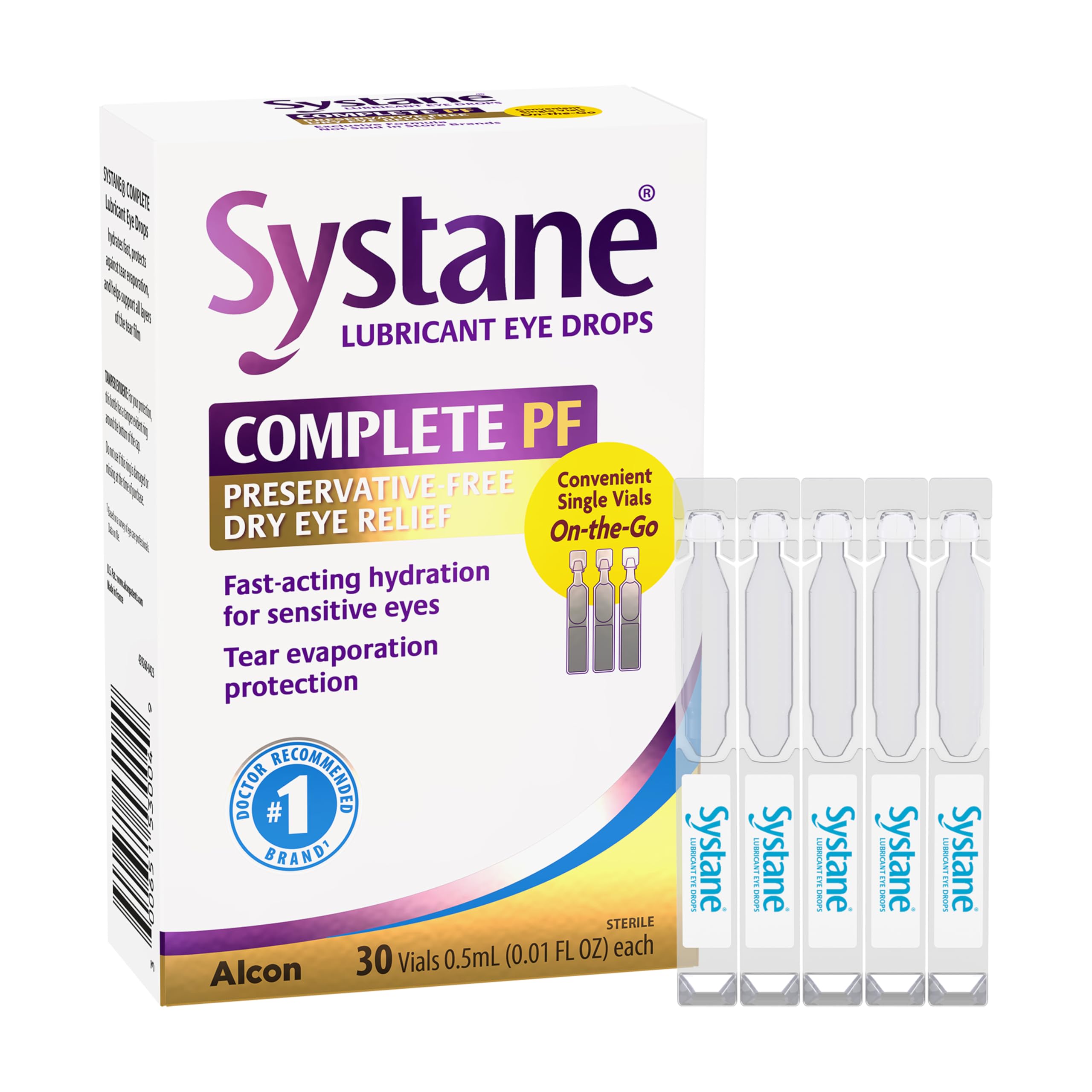 Systane Complete preservative-free unit-dose vial packaging for travel-ready eye relief.