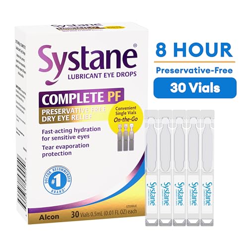 Systane Complete single-use vials close-up showing portable, sterile eye drops.