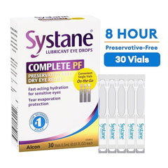 Systane Complete single-use vials close-up showing portable, sterile eye drops.