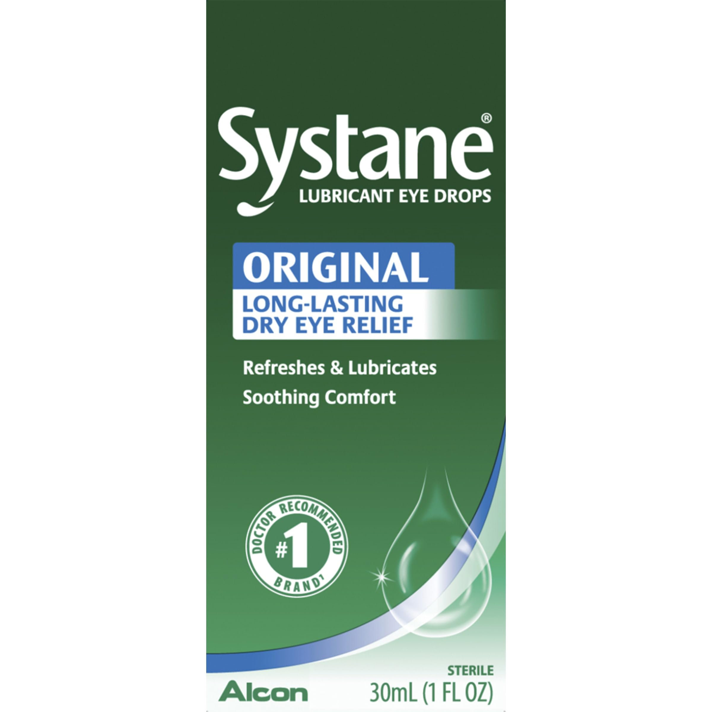 Systane eye lubricant bottle closeup delivering lasting moisture and comfort.