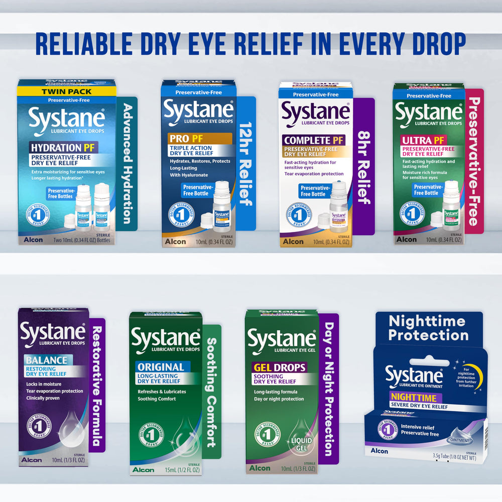 Systane Hydration eye-drop-in-eye demonstrates quick relief and gentle surface hydration.