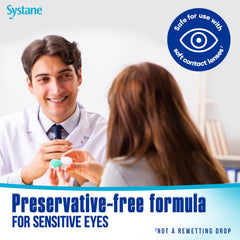Systane Hydration preservative-free label indicating safe use for sensitive eyes.