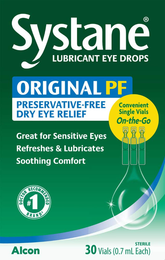 Systane vials packaging closeup shows single-use convenience for on-the-go relief