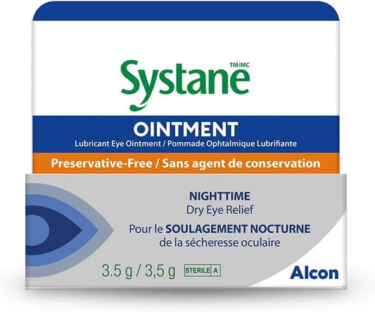 Systane Nighttime eye ointment application forms protective barrier for overnight relief