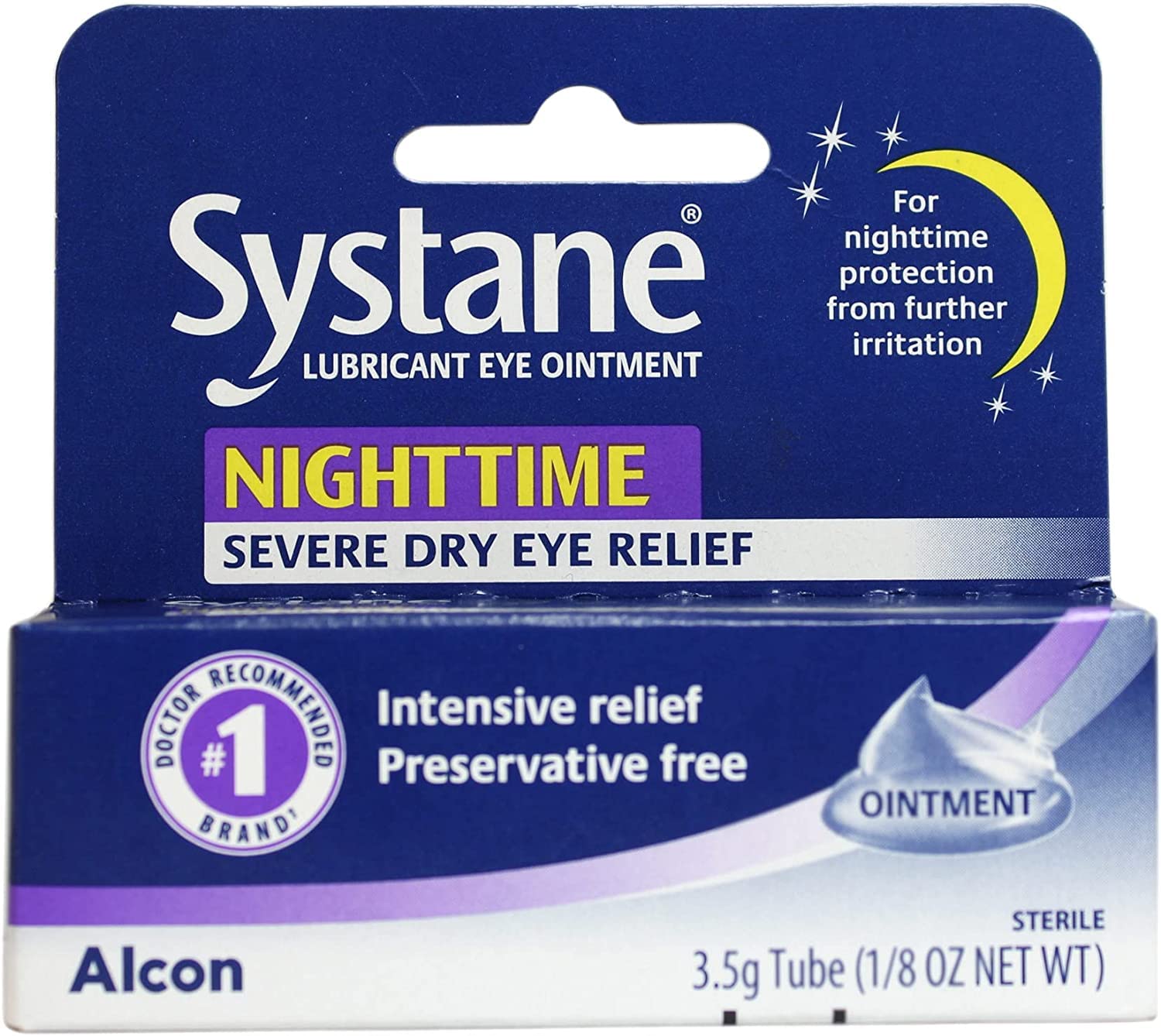 Systane Nighttime Ointment label shows preservative-free design for sensitive eyes.