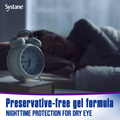 Systane Nighttime Ointment packaging closeup emphasizes safe, preservative-free design
