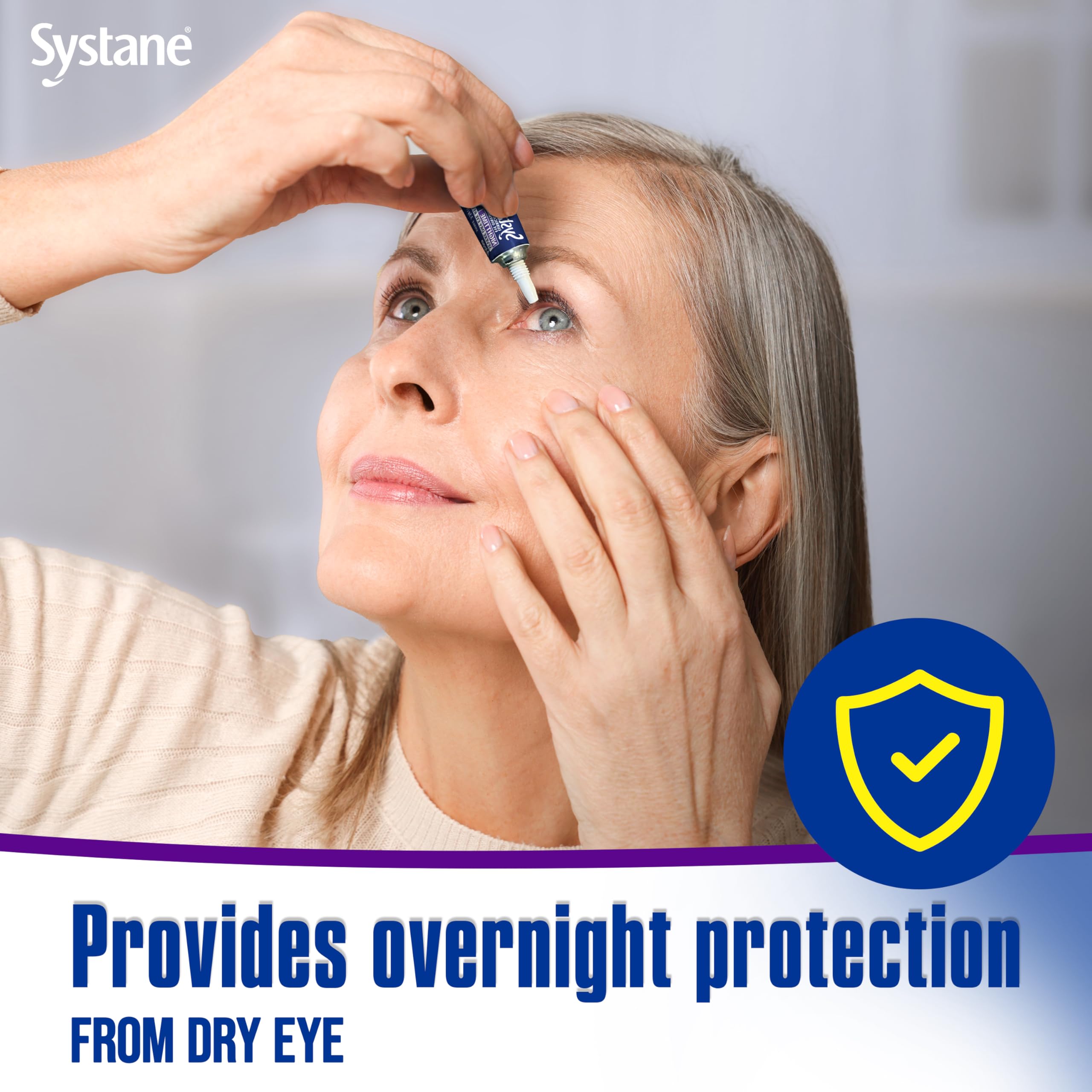 Systane Nighttime Ointment tube label closeup highlights preservative-free formula